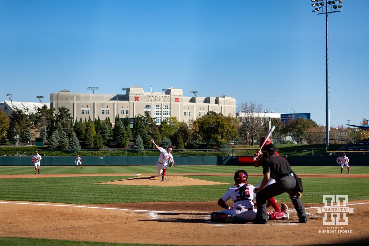 Nebraska's TJ Coats (47) throws a pitch during a baseball scrimmage Tuesday, October 15, 2024, in Lincoln, Nebraska. Photo by John S. Peterson.