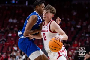 Nebraska Cornhusker Connor Essegian (0) dribbles the ball against the Grand Valley State Lakers during a college men’s basketball game Thursday, October 27, 2024, in Lincoln, Nebraska. Photo by John S. Peterson.