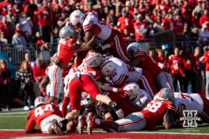 Nebraska Cornhusker running back Dante Dowdell (23) falls short of the touch down against the Ohio State Buckeyes during a college football game Saturday, October 26, 2024, in Columbus, Ohio. Photo by John S. Peterson.