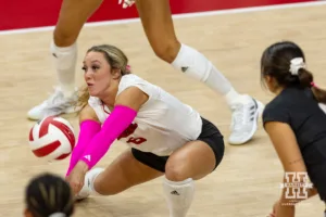 Nebraska Cornhusker Laney Choboy (6) digs the ball against the Rutgers Scarlet Knights during a college volleyball match Saturday, October 12, 2024, in Lincoln, Nebraska. Photo by John S. Peterson.