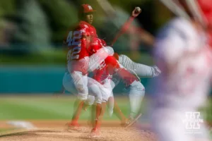 A multi-exposure photo of Nebraska's Jalen Worthley (42) throwing a pitch during a baseball scrimmage Tuesday, October 15, 2024, in Lincoln, Nebraska. Photo by John S. Peterson.