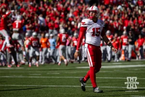 Nebraska Cornhusker quarterback Dylan Raiola (15) watches the replay on the big screen against the Ohio State Buckeyes during a college football game Saturday, October 26, 2024, in Columbus, Ohio. Photo by John S. Peterson.