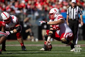 Nebraska Cornhusker offensive lineman Ben Scott (66) communicating with Grant Buda against the Ohio State Buckeyes during a college football game Saturday, October 26, 2024, in Columbus, Ohio. Photo by John S. Peterson.