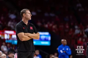 Nebraska Cornhusker head coach Fred Hoiberg watching the game action against the Grand Valley State Lakers during a college men’s basketball game Thursday, October 27, 2024, in Lincoln, Nebraska. Photo by John S. Peterson.