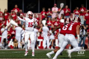 Nebraska Cornhusker quarterback Dylan Raiola (15) throws a pass against the Indiana Hoosiers during a football game Saturday, October 19, 2024, in Bloomington, Indiana. Photo by John S. Peterson.