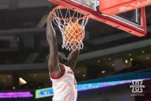 Nebraska Cornhusker Juwan Gary (4) makes a dunk against the Grand Valley State Lakers in the second half during a college men’s basketball game Thursday, October 27, 2024, in Lincoln, Nebraska. Photo by John S. Peterson.