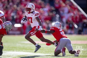 Nebraska Cornhusker wide receiver Jacory Barney Jr. (17) runs with the ball against Ohio State Buckeye safety Caleb Downs (2) during a college football game Saturday, October 26, 2024, in Columbus, Ohio. Photo by John S. Peterson.