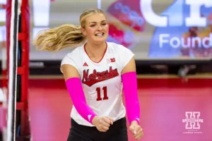 Nebraska Cornhusker Leyla Blackwell (11) celebrates a point against the Rutgers Scarlet Knights during a college volleyball match Saturday, October 12, 2024, in Lincoln, Nebraska. Photo by John S. Peterson.