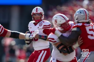 Nebraska Cornhusker quarterback Dylan Raiola (15) drops back to pass against the Ohio State Buckeyes during a college football game Saturday, October 26, 2024, in Columbus, Ohio. Photo by John S. Peterson.