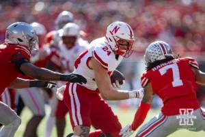 Nebraska Cornhusker tight end Thomas Fidone II (24) runs with the ball against the Ohio State Buckeyes after a catch during a college football game Saturday, October 26, 2024, in Columbus, Ohio. Photo by John S. Peterson.