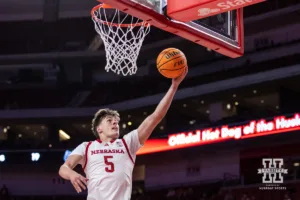 Nebraska Cornhusker Braden Frager (5) makes a lay up agianst the Grand Valley State Lakers in the second half during a college men’s basketball game Thursday, October 27, 2024, in Lincoln, Nebraska. Photo by John S. Peterson.