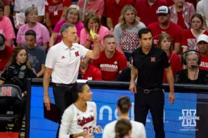 Nebraska Cornhusker head coach John Cook challenges a call during a college volleyball match against the Purdue Boilermakers Friday, October 11, 2024, in Lincoln, Nebraska. Photo by John S. Peterson.