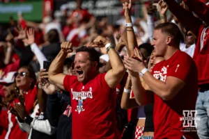 Nebraska Cornhusker fans celebrating against the Ohio State Buckeyes during a college football game Saturday, October 26, 2024, in Columbus, Ohio. Photo by John S. Peterson.