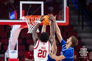 Nebraska Cornhusker Justin Bolis (20) fights for the ball against the Grand Valley State Lakers in the second half during a college men’s basketball game Thursday, October 27, 2024, in Lincoln, Nebraska. Photo by John S. Peterson.