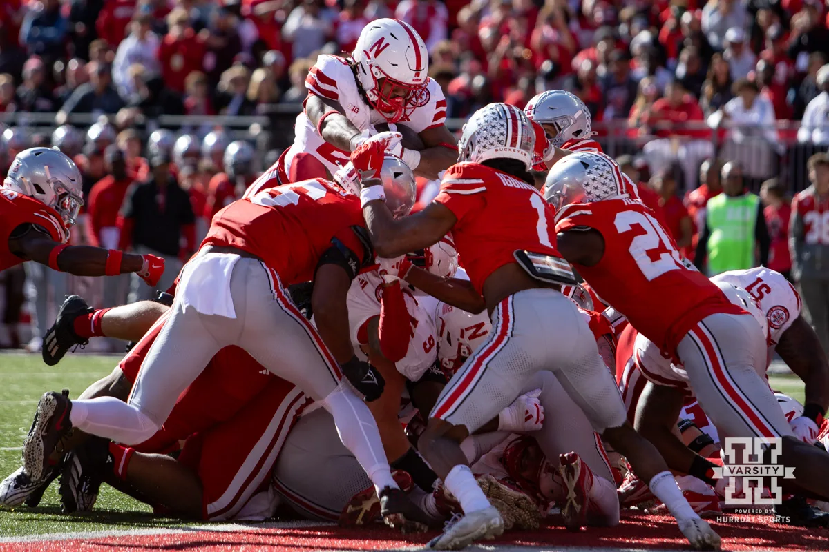 Nebraska Cornhusker running back Dante Dowdell (23) dives over for a touchdown in the fourth quarter against the Ohio State Buckeyes during a college football game Saturday, October 26, 2024, in Columbus, Ohio. Photo by John S. Peterson.