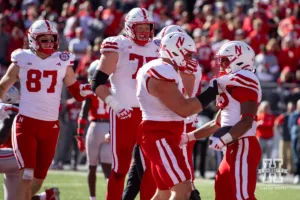 Nebraska Cornhusker running back Dante Dowdell (23) and Ty Robinson celebrates a in the fourth quarter touchdown against the Ohio State Buckeyes during a college football game Saturday, October 26, 2024, in Columbus, Ohio. Photo by John S. Peterson.