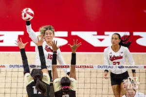 Nebraska Cornhusker Andi Jackson (15) spike the during a college volleyball match Friday, October 11, 2024, in Lincoln, Nebraska. Photo by John S. Peterson.