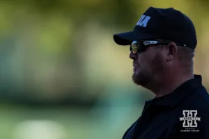 First base umpire watching the action during a baseball scrimmage Tuesday, October 15, 2024, in Lincoln, Nebraska. Photo by John S. Peterson.