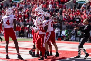 Nebraska Cornhuskers celebrates the two-point conversion in the fourth quarter against the Ohio State Buckeyes during a college football game Saturday, October 26, 2024, in Columbus, Ohio. Photo by John S. Peterson.