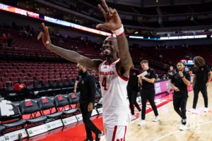 Nebraska Cornhusker Juwan Gary (4) walks to off the court after the win over the Grand Valley State Lakers during a college men’s basketball game Thursday, October 27, 2024, in Lincoln, Nebraska. Photo by John S. Peterson.