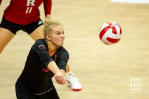 Nebraskan and Rutgers Scarlet Knight libero Kenzie Dyrstad (3) digs the ball against the Nebraska Cornhuskers during a college volleyball match Saturday, October 12, 2024, in Lincoln, Nebraska. Photo by John S. Peterson.