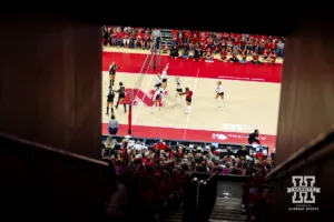 Nebraska Cornhuskers celebrates a point against the Purdue Boilermakers during a college volleyball match Friday, October 11, 2024, in Lincoln, Nebraska. Photo by John S. Peterson.