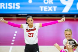 Nebraska Cornhusker Harper Murray (27) celebrates a point against the Rutgers Scarlet Knights during a college volleyball match Saturday, October 12, 2024, in Lincoln, Nebraska. Photo by John S. Peterson.