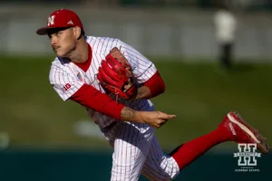 Nebraska's Casey Daiss (45) throws a pitch during a baseball scrimmage Tuesday, October 15, 2024, in Lincoln, Nebraska. Photo by John S. Peterson.