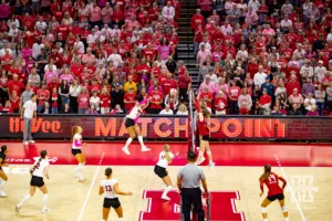 Nebraska Cornhusker Harper Murray (27) scores match point for a sweep against the Rutgers Scarlet Knights during a college volleyball match Saturday, October 12, 2024, in Lincoln, Nebraska. Photo by John S. Peterson.