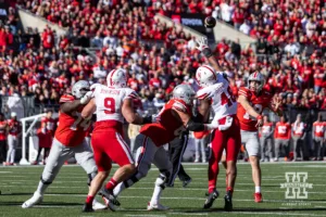 Ohio State Buckeye quarterback Will Howard (18) throws a pass for a touchdown in the fourth quarter to take the lead against the Nebraska Cornhuskers in the fourth quarter during a college football game Saturday, October 26, 2024, in Columbus, Ohio. Photo by John S. Peterson.