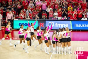 Nebraska Cornhuskers celebrates a sweep against the Rutgers Scarlet Knights during a college volleyball match Saturday, October 12, 2024, in Lincoln, Nebraska. Photo by John S. Peterson.