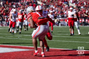 Ohio State Buckeye running back Quinshon Judkins (1) makes a catch for a touchdown in the fourth quarter to take the lead against the Nebraska Cornhuskersduring a college football game Saturday, October 26, 2024, in Columbus, Ohio. Photo by John S. Peterson.