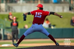 Nebraska's Blake Encarnacion (15) throws a pitch in the sixth inning during a baseball scrimmage Tuesday, October 15, 2024, in Lincoln, Nebraska. Photo by John S. Peterson.