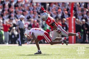 A pass to Nebraska Cornhusker wide receiver Jacory Barney Jr. (17) is broken up by Ohio State Buckeye cornerback Lorenzo Styles Jr. (3) in the fourth quarter during a college football game Saturday, October 26, 2024, in Columbus, Ohio. Photo by John S. Peterson.