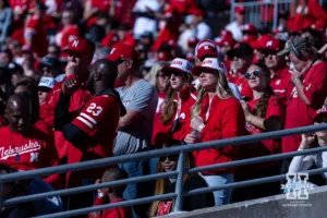 Nebraska Cornhusker fans react to the Ohio State Buckeyes interception in the fourth quarter during a college football game Saturday, October 26, 2024, in Columbus, Ohio. Photo by John S. Peterson.