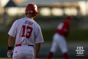 Nebraska's Will Jesske (13) leads off in the seventh during a baseball scrimmage Tuesday, October 15, 2024, in Lincoln, Nebraska. Photo by John S. Peterson.