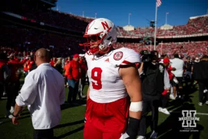 Nebraska Cornhusker defensive lineman Ty Robinson (9) heads to the locker room after the loss to Ohio State Buckeyes during a college football game Saturday, October 26, 2024, in Columbus, Ohio. Photo by John S. Peterson.