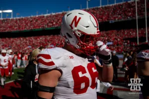 Nebraska Cornhusker offensive lineman Ben Scott (66) heads to the locker room after the loss to Ohio State Buckeyes during a college football game Saturday, October 26, 2024, in Columbus, Ohio. Photo by John S. Peterson.