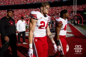 Nebraska Cornhusker tight end Thomas Fidone II (24) heads to the locker room after the loss to Ohio State Buckeyes during a college football game Saturday, October 26, 2024, in Columbus, Ohio. Photo by John S. Peterson.