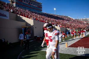 Nebraska Cornhusker quarterback Dylan Raiola (15) and Ty Robinson (9) walk back to the locker room after the loss to the Indiana Hoosiers during a football game Saturday, October 19, 2024, in Bloomington, Indiana. Photo by John S. Peterson.