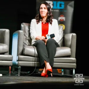 Nebraska head coach Amy Williams answering questions from the media during Big Ten Media Days Wednesday, October 2, 2024, in Rosemont, Illinois. Photo by Mike Sautter.