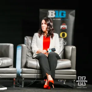 Nebraska head coach Amy Williams answering questions from the media during Big Ten Media Days Wednesday, October 2, 2024, in Rosemont, Illinois. Photo by Mike Sautter.