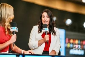 Nebraska head coach Amy Williams answering questions from the media during Big Ten Media Days Wednesday, October 2, 2024, in Rosemont, Illinois. Photo by Mike Sautter.