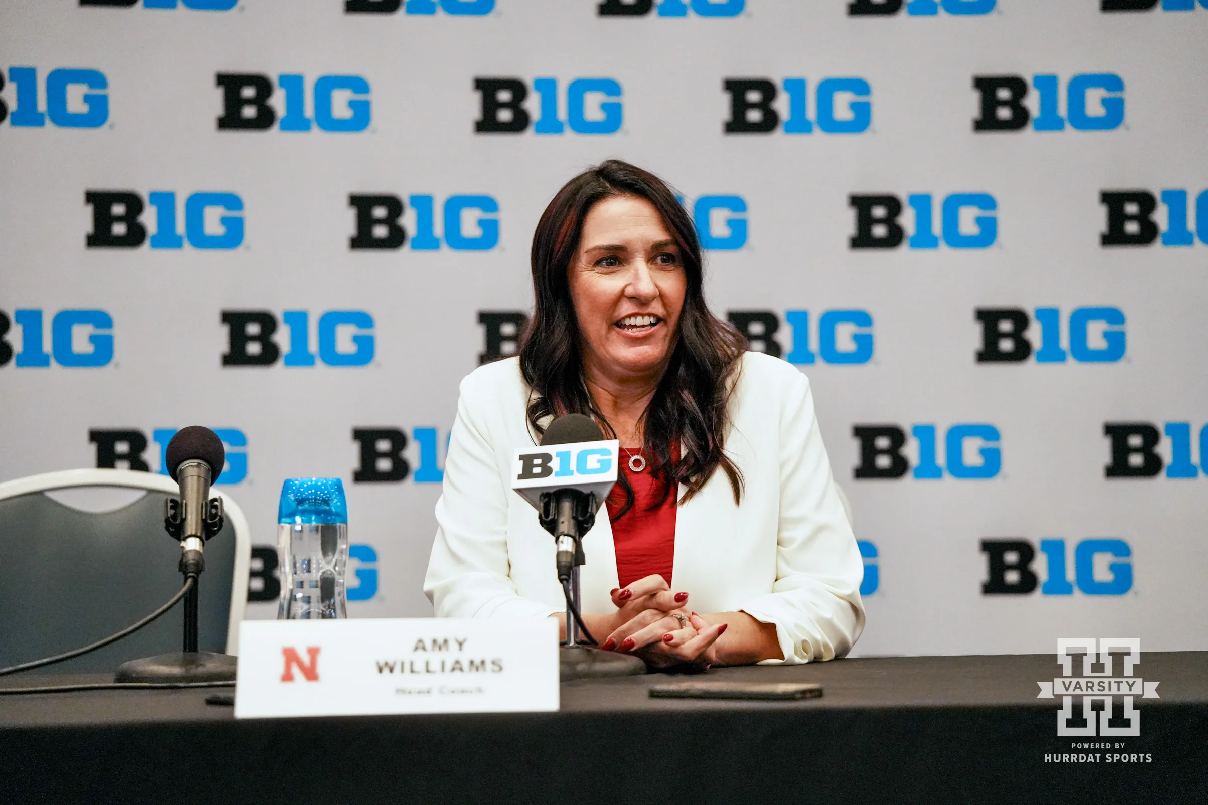 Nebraska head coach Amy Williams answering questions from the media during Big Ten Media Days Wednesday, October 2, 2024, in Rosemont, Illinois. Photo by Mike Sautter.