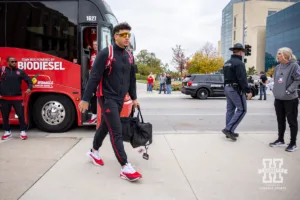 Nebraska Cornhusker quarterback Dylan Raiola (15) walks to the stadium in the Legacy Walk before the college football game against the UCLA Bruins Saturday, November 2, 2024, in Lincoln, Nebraska. Photo by John S. Peterson.