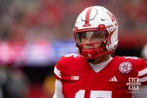 Nebraska Cornhusker quarterback Dylan Raiola (15) warms up before taking on the UCLA Bruins during a college football game Saturday, November 2, 2024, in Lincoln, Nebraska. Photo by John S. Peterson.