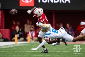 A pass to Nebraska Cornhusker wide receiver Jacory Barney Jr. (17) broken up by UCLA Bruin defensive back Kaylin Moore (9) during a college football game Saturday, November 2, 2024, in Lincoln, Nebraska. Photo by John S. Peterson.