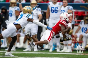 Nebraska Cornhusker wide receiver Jacory Barney Jr. (17) makes a catch against UCLA Bruin defensive back K.J. Wallace (7) in the second quarter during a college football game Saturday, November 2, 2024, in Lincoln, Nebraska. Photo by John S. Peterson.