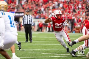 Nebraska Cornhusker running back Dante Dowdell (23) runs with the ball against the UCLA Bruins in the second quarter during a college football game Saturday, November 2, 2024, in Lincoln, Nebraska. Photo by John S. Peterson.