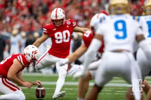 Nebraska Cornhusker place kicker John Hohl (90) kicks an extra point against the UCLA Bruins in the second quarterduring a college football game Saturday, November 2, 2024, in Lincoln, Nebraska. Photo by John S. Peterson.